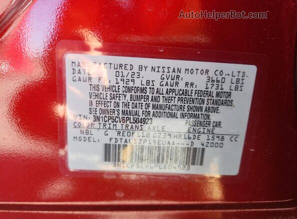 3N1CP5CV6PL504923 2023 NISSAN KICKS Red Вид наклейки з VIN-кодом