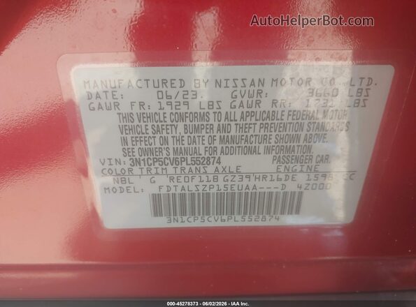 3N1CP5CV6PL552874 2023 NISSAN KICKS Red Vista del compartimento del motor