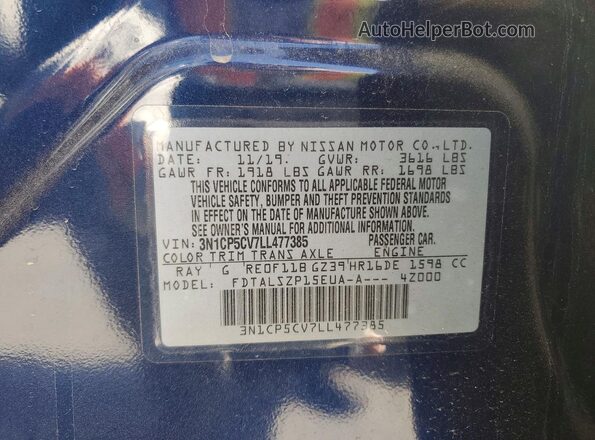3N1CP5CV7LL477385 2020 NISSAN KICKS Синий Вид наклейки с VIN-кодом