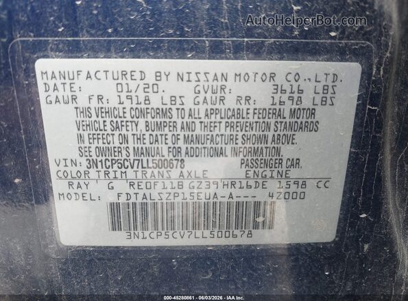 3N1CP5CV7LL500678 2020 NISSAN KICKS Blue Շարժիչի բաժամունքի տեսք