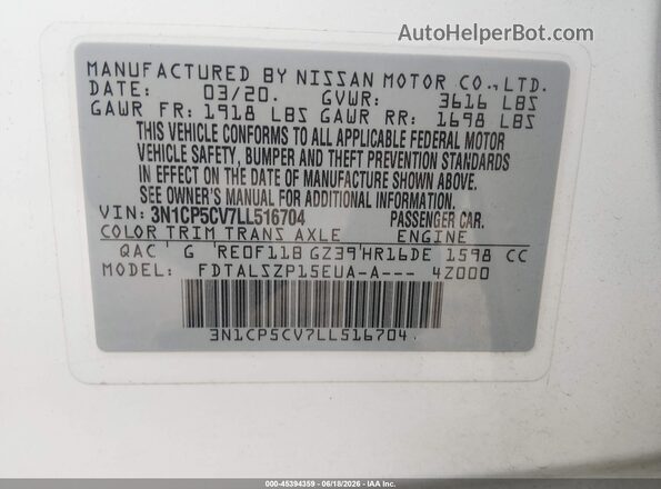 3N1CP5CV7LL516704 2020 NISSAN KICKS White ძრავის განყოფილების ხედი