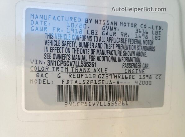 3N1CP5CV7LL555261 2020 NISSAN KICKS White VIN կոդի պիտակի տեսք