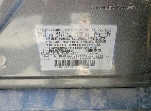 3N1CP5CV7NL504684 2022 NISSAN KICKS Gray 