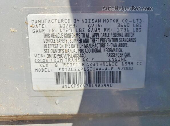 3N1CP5CV7RL483440 2024 NISSAN KICKS Gray Vista de la etiqueta del VIN