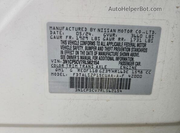 3N1CP5CV7RL562154 2024 NISSAN KICKS Белый Вид наклейки с VIN-кодом