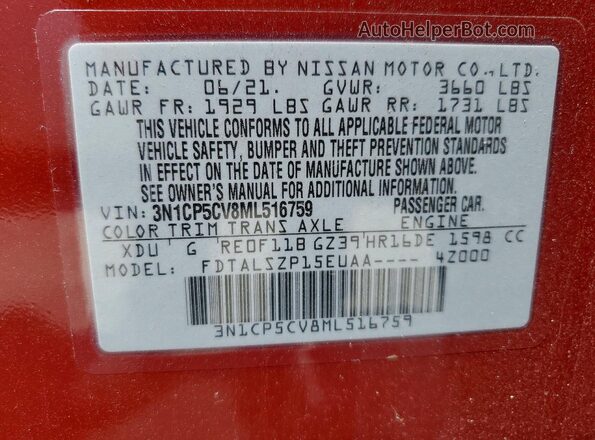 3N1CP5CV8ML516759 2021 NISSAN KICKS Red Vista interior de 360 grados
