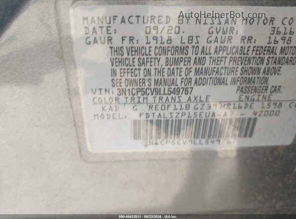 3N1CP5CV9LL549767 2020 NISSAN KICKS Gray Engine compartment view