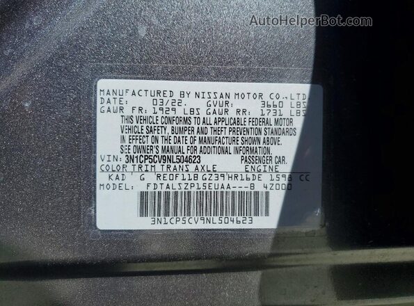 3N1CP5CV9NL504623 2022 NISSAN KICKS Gray 