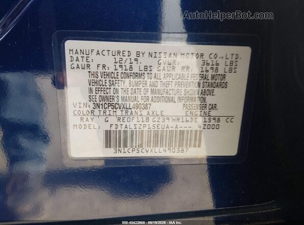 3N1CP5CVXLL490387 2020 NISSAN KICKS Синий Вид подкапотного пространства