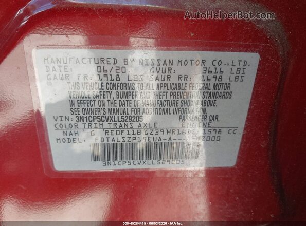 3N1CP5CVXLL529205 2020 NISSAN KICKS Red ძრავის განყოფილების ხედი