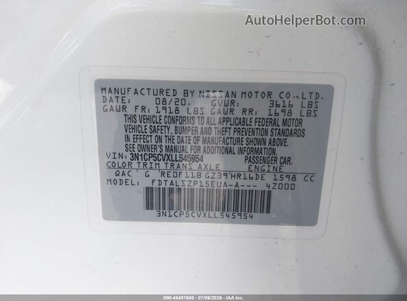 3N1CP5CVXLL545954 2020 NISSAN KICKS White ძრავის განყოფილების ხედი