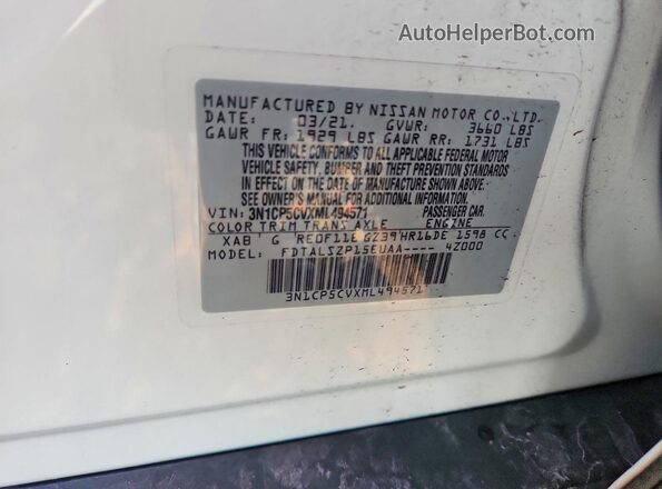 3N1CP5CVXML494571 2021 NISSAN KICKS White 