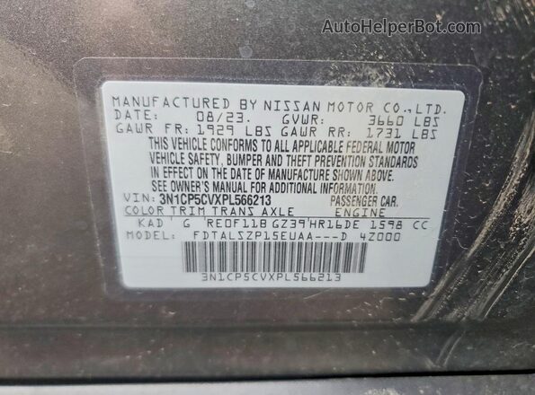 3N1CP5CVXPL566213 2023 NISSAN KICKS Gray VIN კოდის სტიკერის ხედი