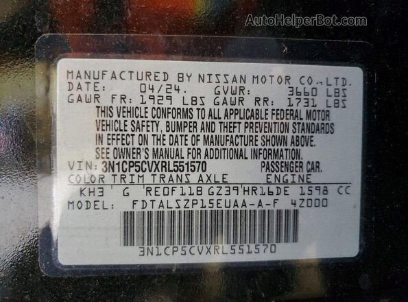 3N1CP5CVXRL551570 2024 NISSAN KICKS Black VIN կոդի պիտակի տեսք