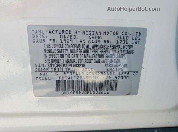 3N1CP5DV0PL503216 2023 NISSAN KICKS White VIN კოდის სტიკერის ხედი