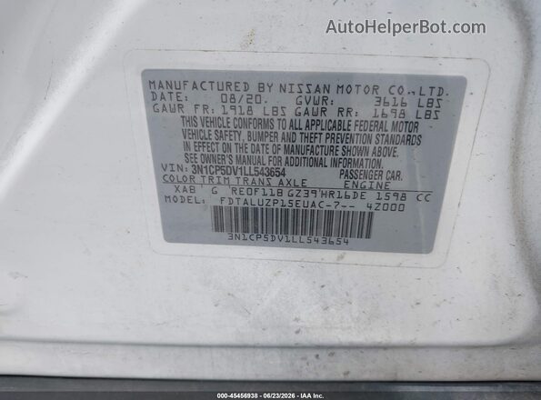 3N1CP5DV1LL543654 2020 NISSAN KICKS White ძრავის განყოფილების ხედი