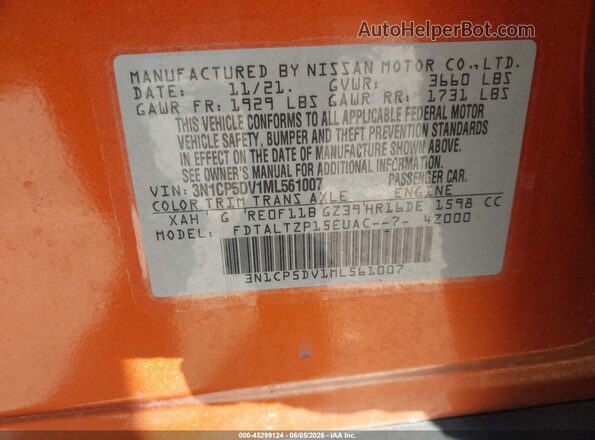 3N1CP5DV1ML561007 2021 NISSAN KICKS Orange 