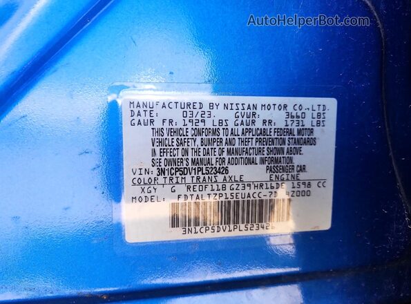 3N1CP5DV1PL523426 2023 NISSAN KICKS Blue Вид наклейки з VIN-кодом