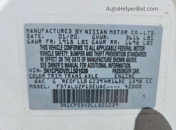 3N1CP5DV2LL501039 2020 NISSAN KICKS Белый Вид наклейки с VIN-кодом