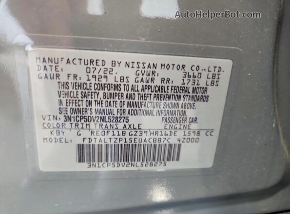 3N1CP5DV2NL528275 2022 NISSAN KICKS Серый Вид наклейки с VIN-кодом