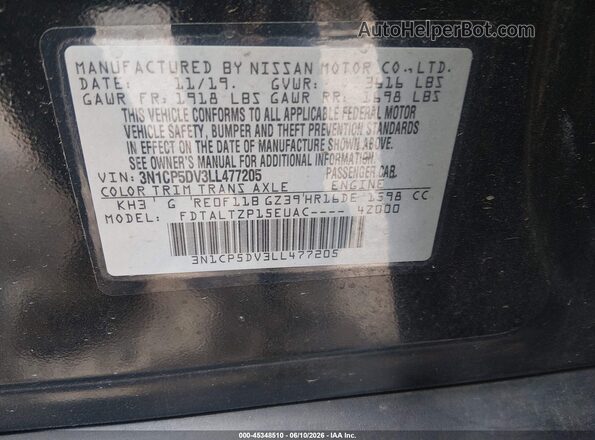 3N1CP5DV3LL477205 2020 NISSAN KICKS Black Engine compartment view