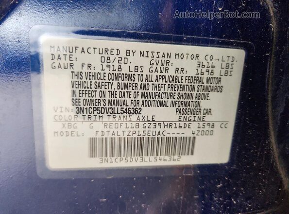 3N1CP5DV3LL546362 2020 NISSAN KICKS Blue Vista de la etiqueta del VIN