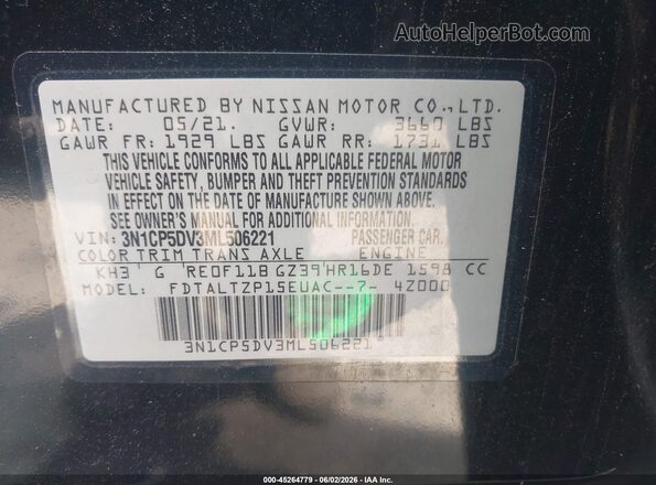 3N1CP5DV3ML506221 2021 NISSAN KICKS Black ძრავის განყოფილების ხედი