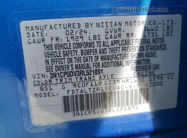3N1CP5DV3RL521891 2024 NISSAN KICKS Blue Vista del compartimento del motor