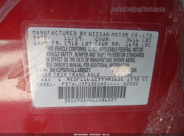 3N1CP5DV4LL486527 2020 NISSAN KICKS Red ძრავის განყოფილების ხედი
