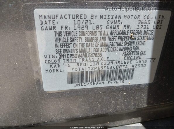 3N1CP5DV4ML547635 2021 NISSAN KICKS Gray Engine compartment view