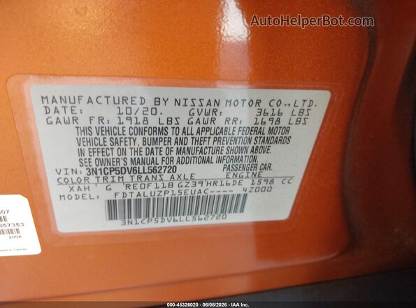 3N1CP5DV6LL562720 2020 NISSAN KICKS Orange Widok komory silnika