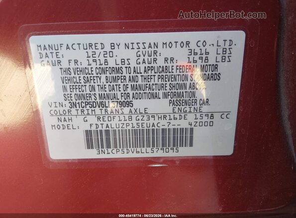 3N1CP5DV6LL579095 2020 NISSAN KICKS Red Շարժիչի բաժամունքի տեսք