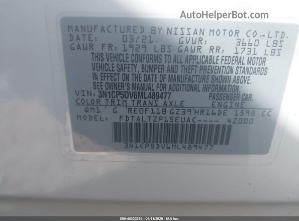 3N1CP5DV6ML489477 2021 NISSAN KICKS White Vista del compartimento del motor