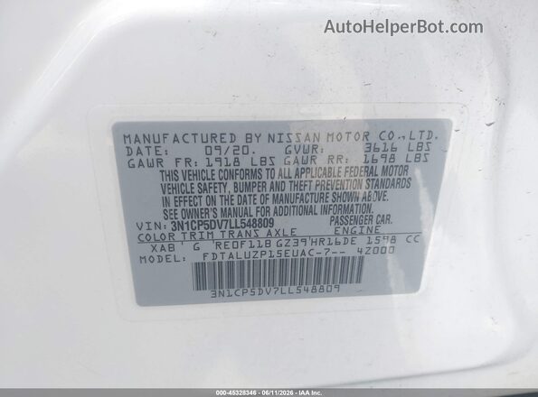 3N1CP5DV7LL548809 2020 NISSAN KICKS White Vista del compartimento del motor