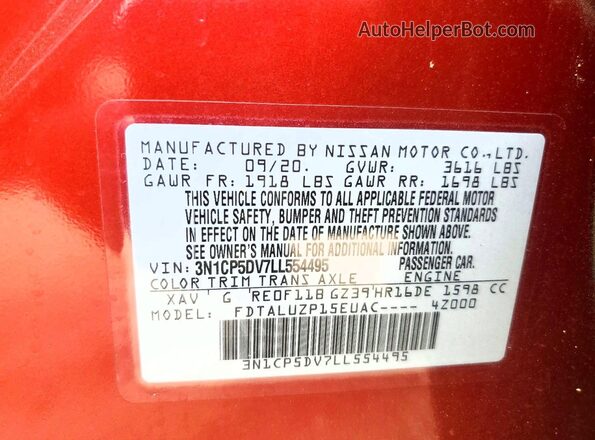 3N1CP5DV7LL554495 2020 NISSAN KICKS Red Widok naklejki z numerem VIN