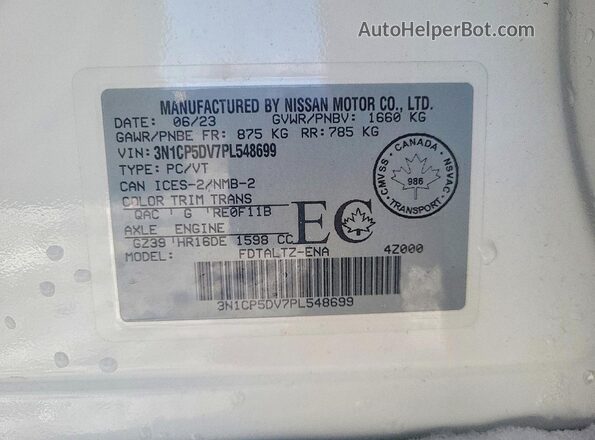 3N1CP5DV7PL548699 2023 NISSAN KICKS White VIN კოდის სტიკერის ხედი