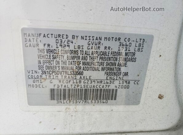 3N1CP5DV7RL533560 2024 NISSAN KICKS White VIN კოდის სტიკერის ხედი
