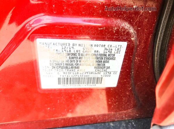 3N1CP5DV8LL491648 2020 NISSAN KICKS Red VIN sticker view