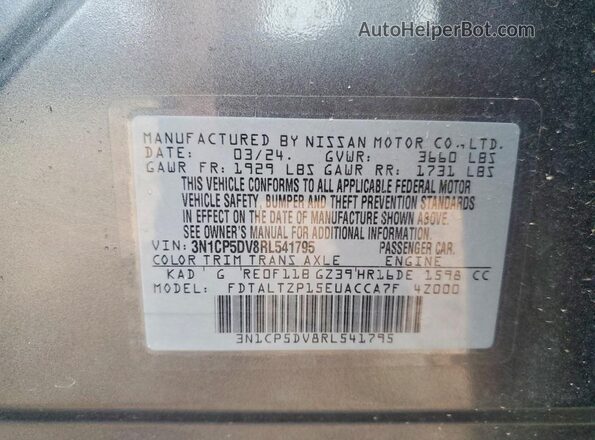 3N1CP5DV8RL541795 2024 NISSAN KICKS Gray VIN sticker view