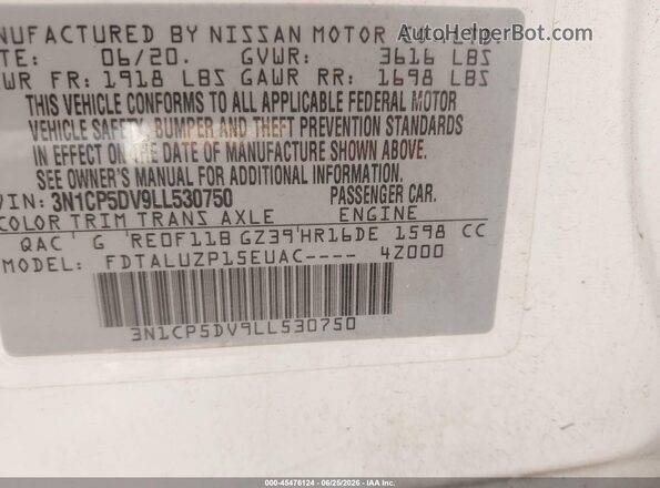 3N1CP5DV9LL530750 2020 NISSAN KICKS White Vista del compartimento del motor