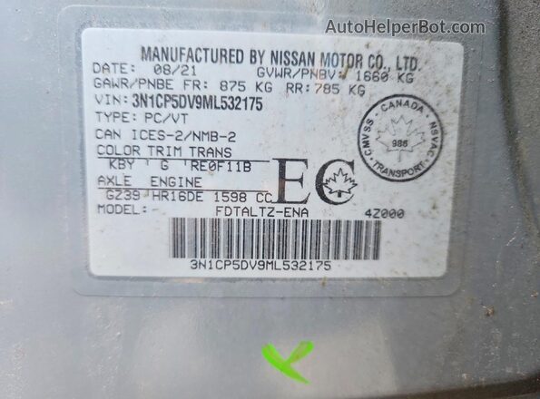 3N1CP5DV9ML532175 2021 NISSAN KICKS Silver Vista de la etiqueta del VIN