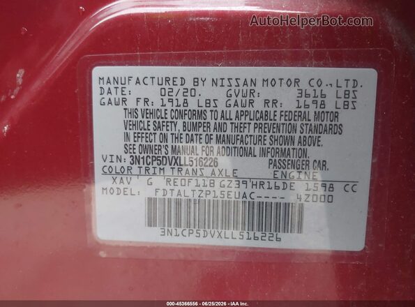 3N1CP5DVXLL516226 2020 NISSAN KICKS Burgundy Vista del compartimento del motor