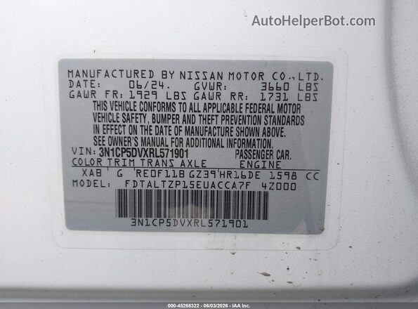 3N1CP5DVXRL571901 2024 NISSAN KICKS White Widok komory silnika