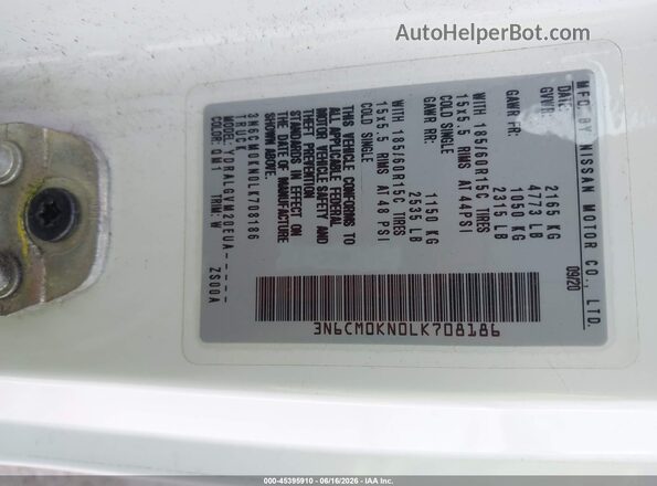 3N6CM0KN0LK708186 2020 NISSAN NV200  CARGO White ძრავის განყოფილების ხედი
