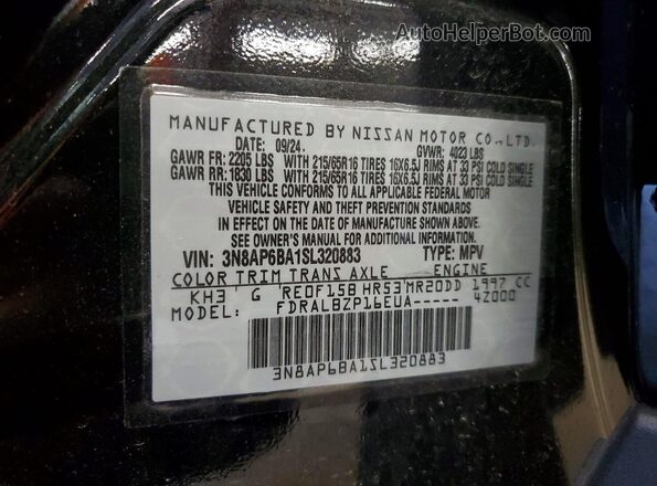3N8AP6BA1SL320883 2025 NISSAN KICKS Black VIN կոդի պիտակի տեսք