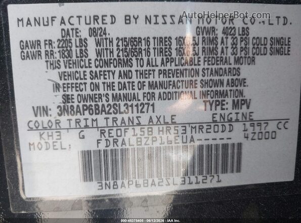 3N8AP6BA2SL311271 2025 NISSAN KICKS Черный Вид подкапотного пространства