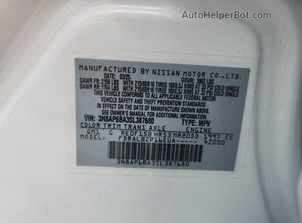 3N8AP6BA3SL387680 2025 NISSAN KICKS White 