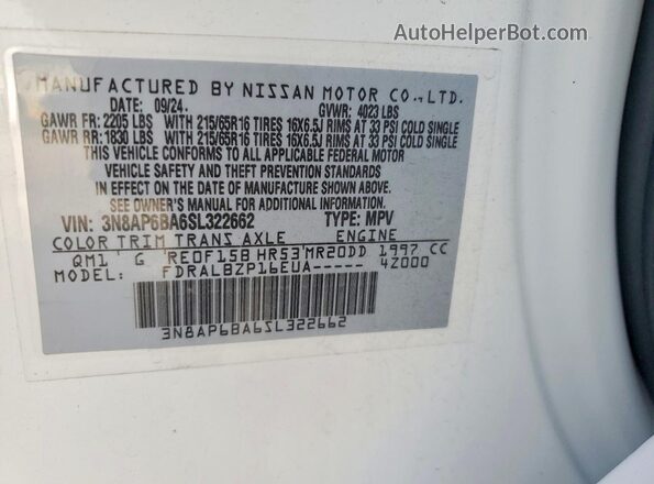 3N8AP6BA6SL322662 2025 NISSAN KICKS White Widok naklejki z numerem VIN