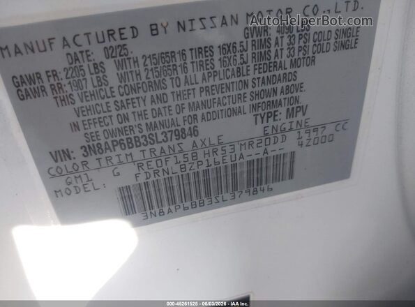 3N8AP6BB3SL379846 2025 NISSAN KICKS White Vista del compartimento del motor