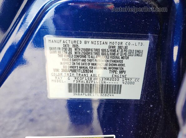 3N8AP6BE1TL328244 2026 NISSAN KICKS Blue Vista del compartimento del motor